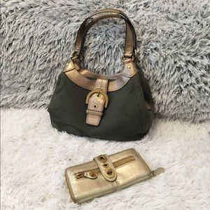 Green and gold Coach Purse with gold wallet